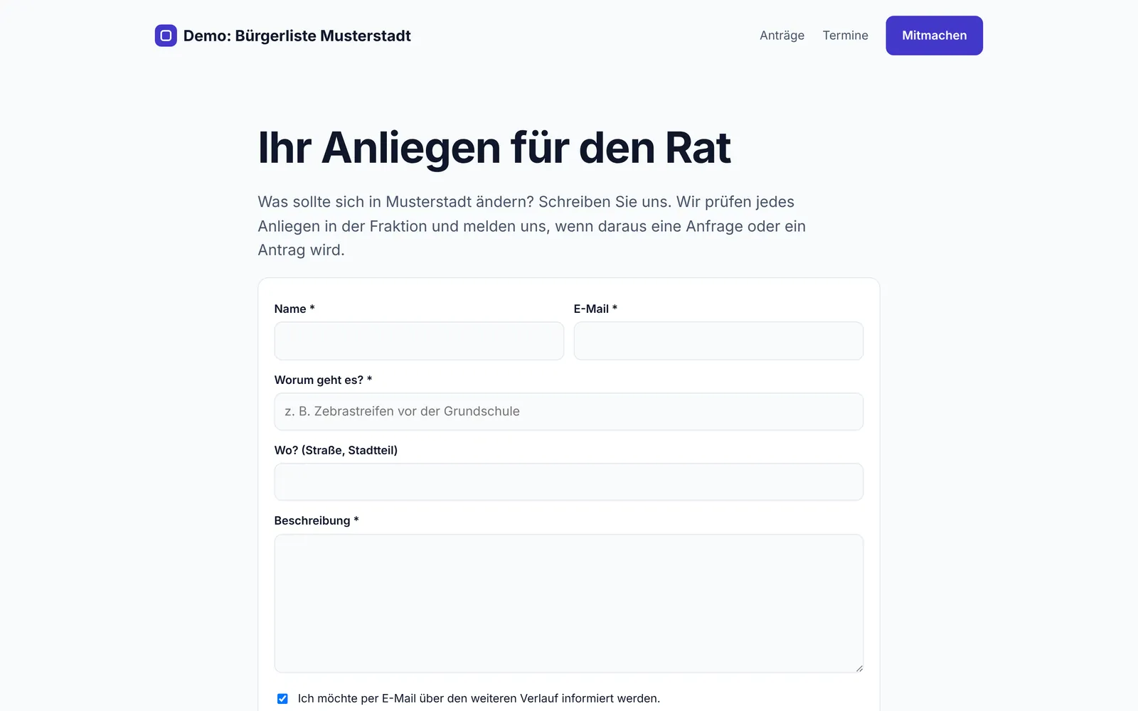 Mitmach-Formular für Bürgeranliegen